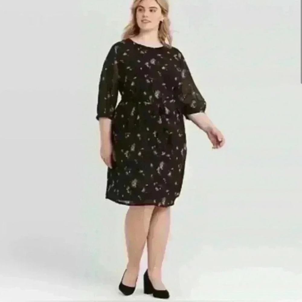 Ava & Viv Black/Brown Floral Belted Dress- 2XL 20/22 PLUS fits Bust 49.5-51.5